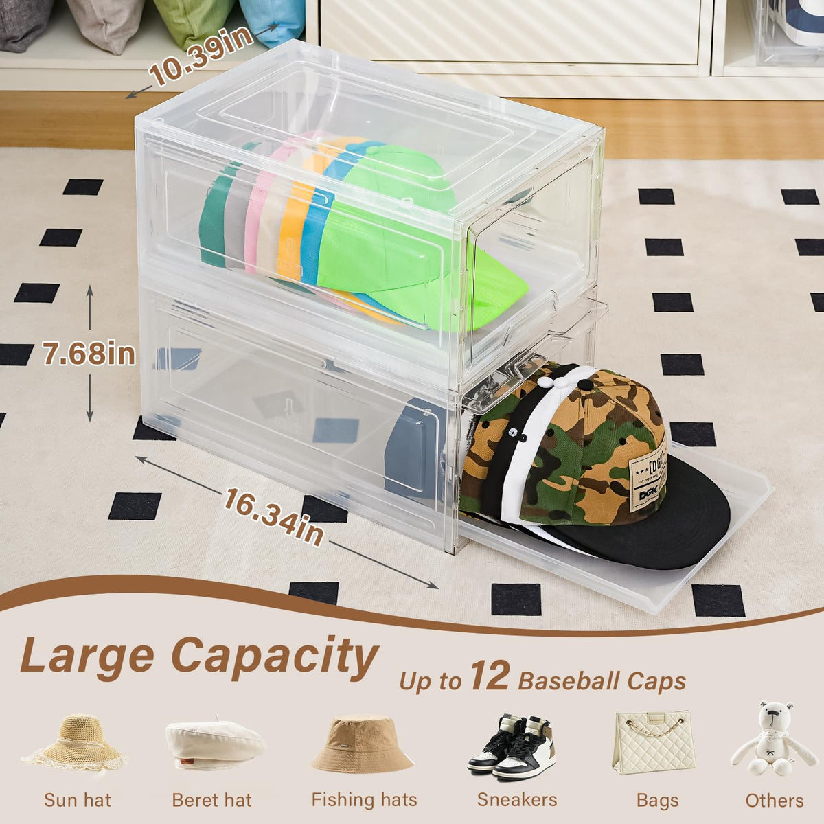 2 Pack Stackable Clear Hat Organizer with Sliding Drawer,Each Holds 12 Hats