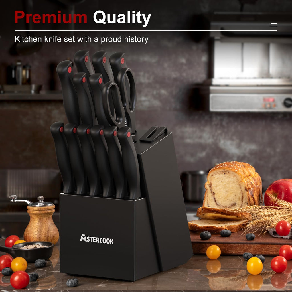 Astercook Knife Set for Kitchen with Block and Sharpener 15pcs German