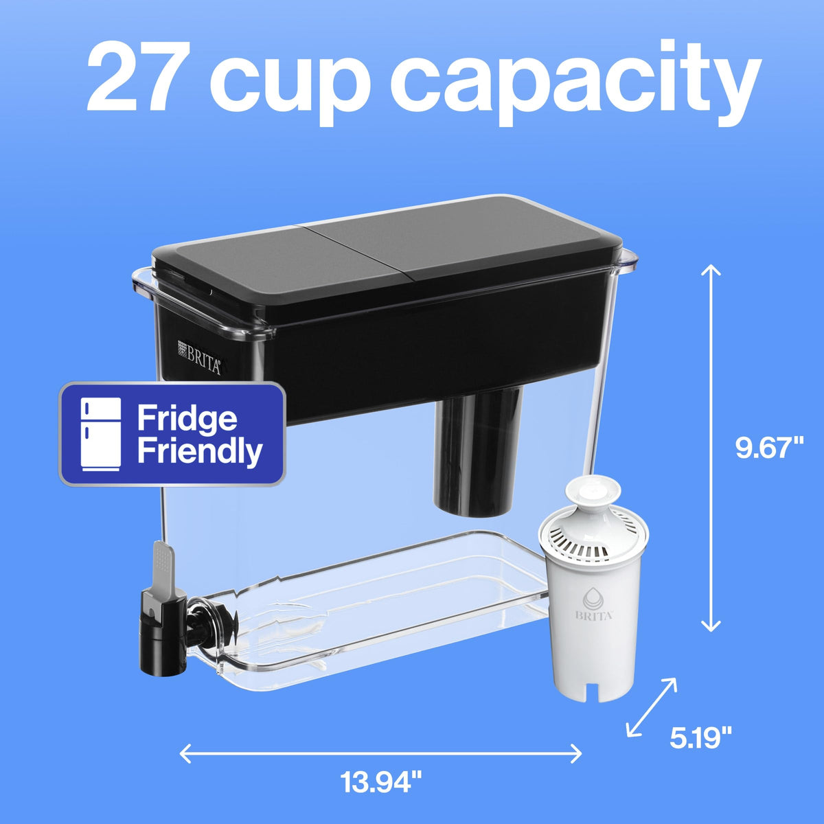 Brita X-Large 27 Cup Water Dispenser, Includes 1 Filter, Black