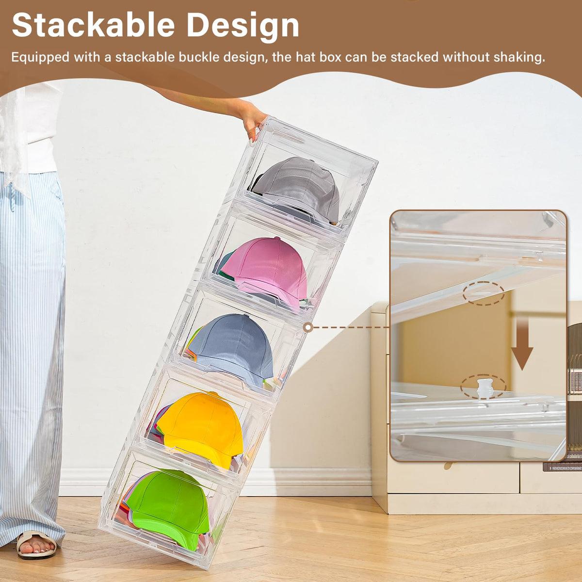 2 Pack Stackable Clear Hat Organizer with Sliding Drawer,Each Holds 12 Hats