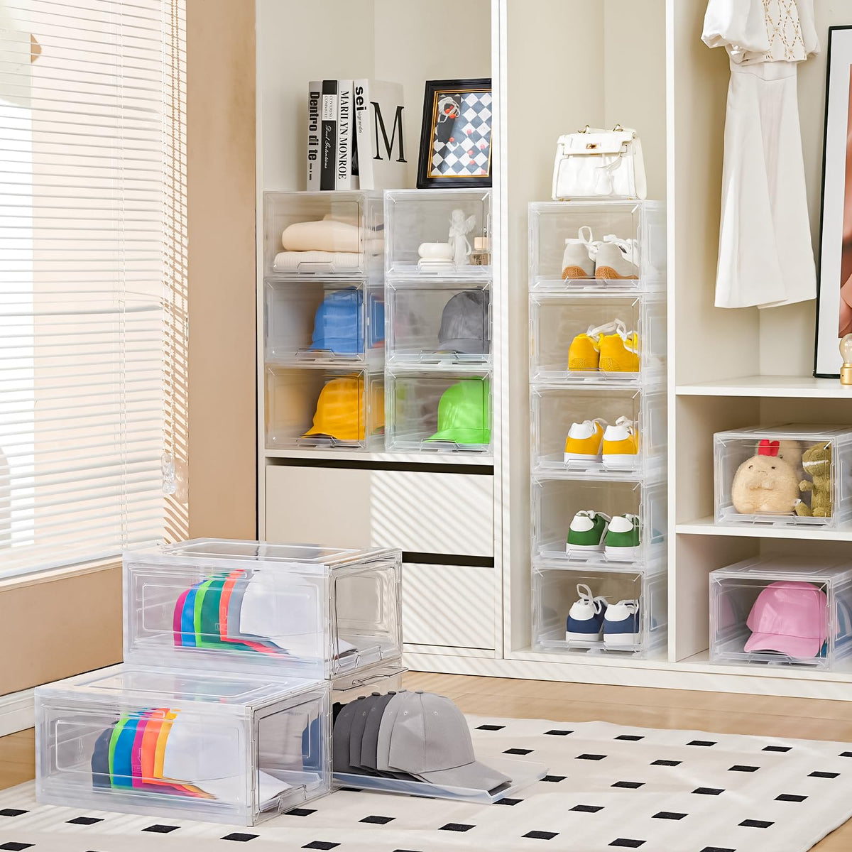 2 Pack Stackable Clear Hat Organizer with Sliding Drawer,Each Holds 12 Hats
