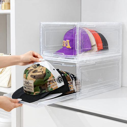 2 Pack Stackable Clear Hat Organizer with Sliding Drawer,Each Holds 12 Hats
