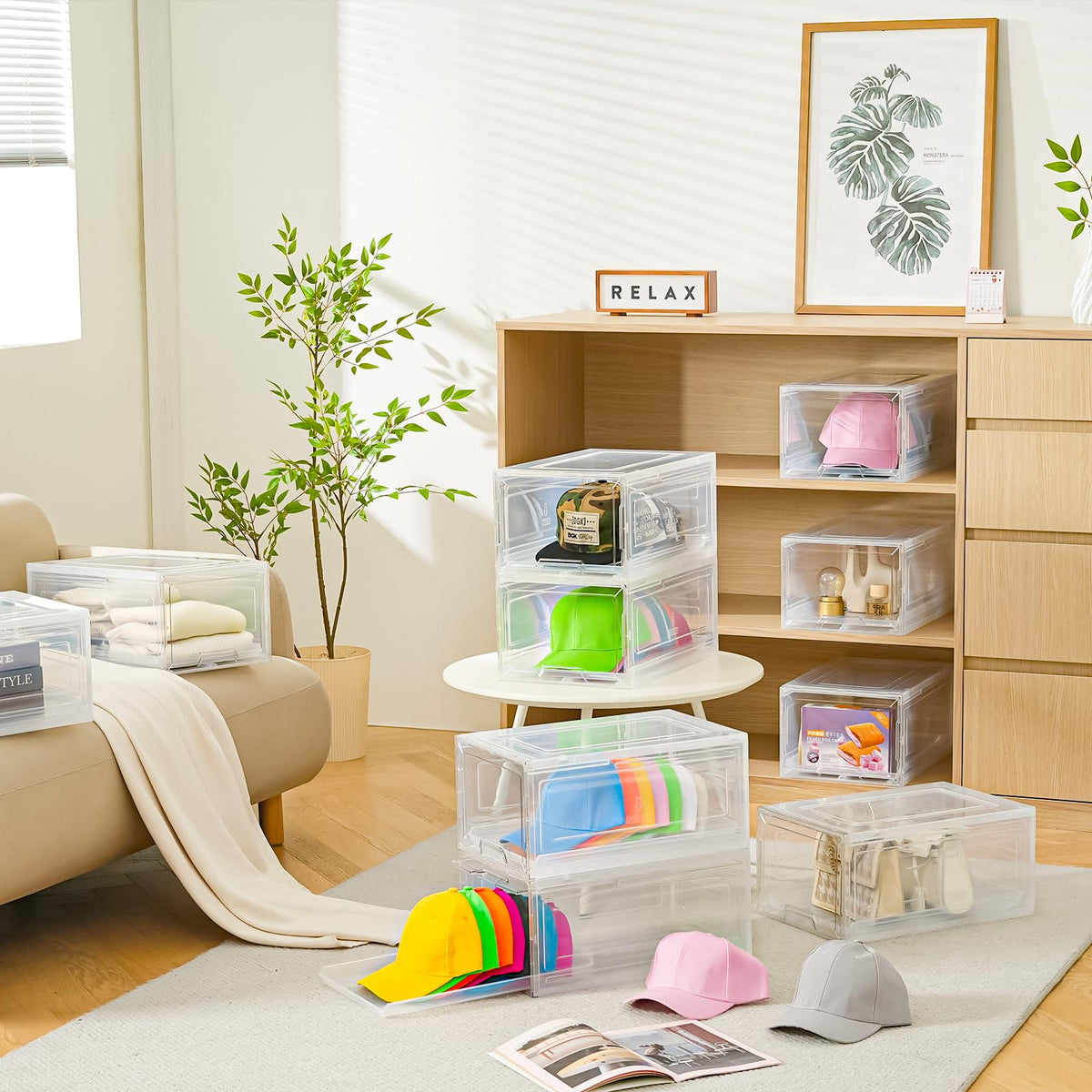 2 Pack Stackable Clear Hat Organizer with Sliding Drawer,Each Holds 12 Hats