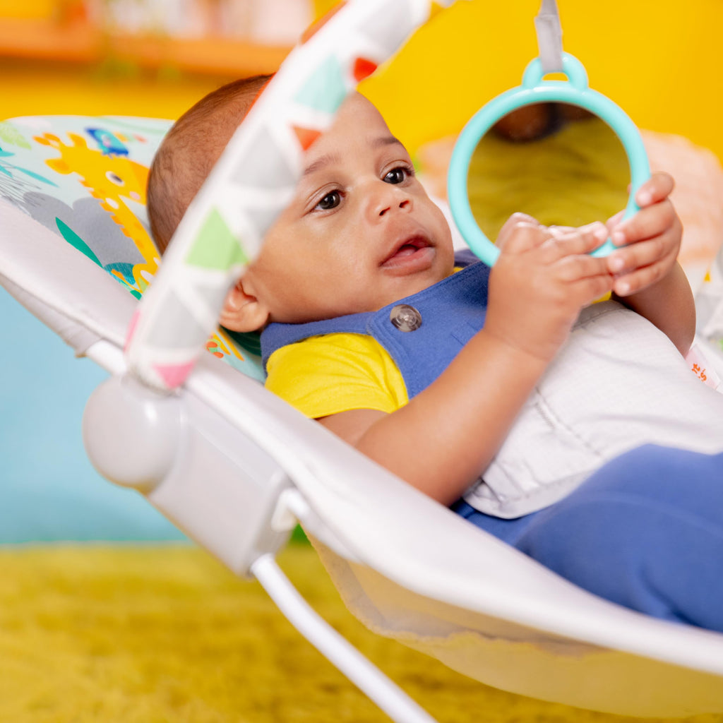 Bright Starts Baby Bouncer Soothing Vibrations Infant Seat - Removable -Toy Bar, Nonslip Feet, 0-6 Months Up to 20 lbs (Safari Fun)