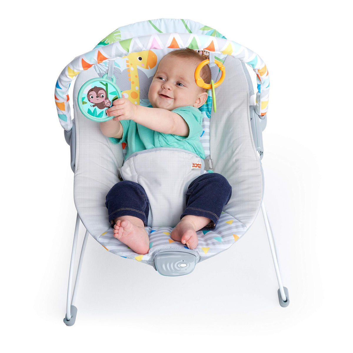 Bright Starts Baby Bouncer Soothing Vibrations Infant Seat - Removable -Toy Bar, Nonslip Feet, 0-6 Months Up to 20 lbs (Safari Fun)