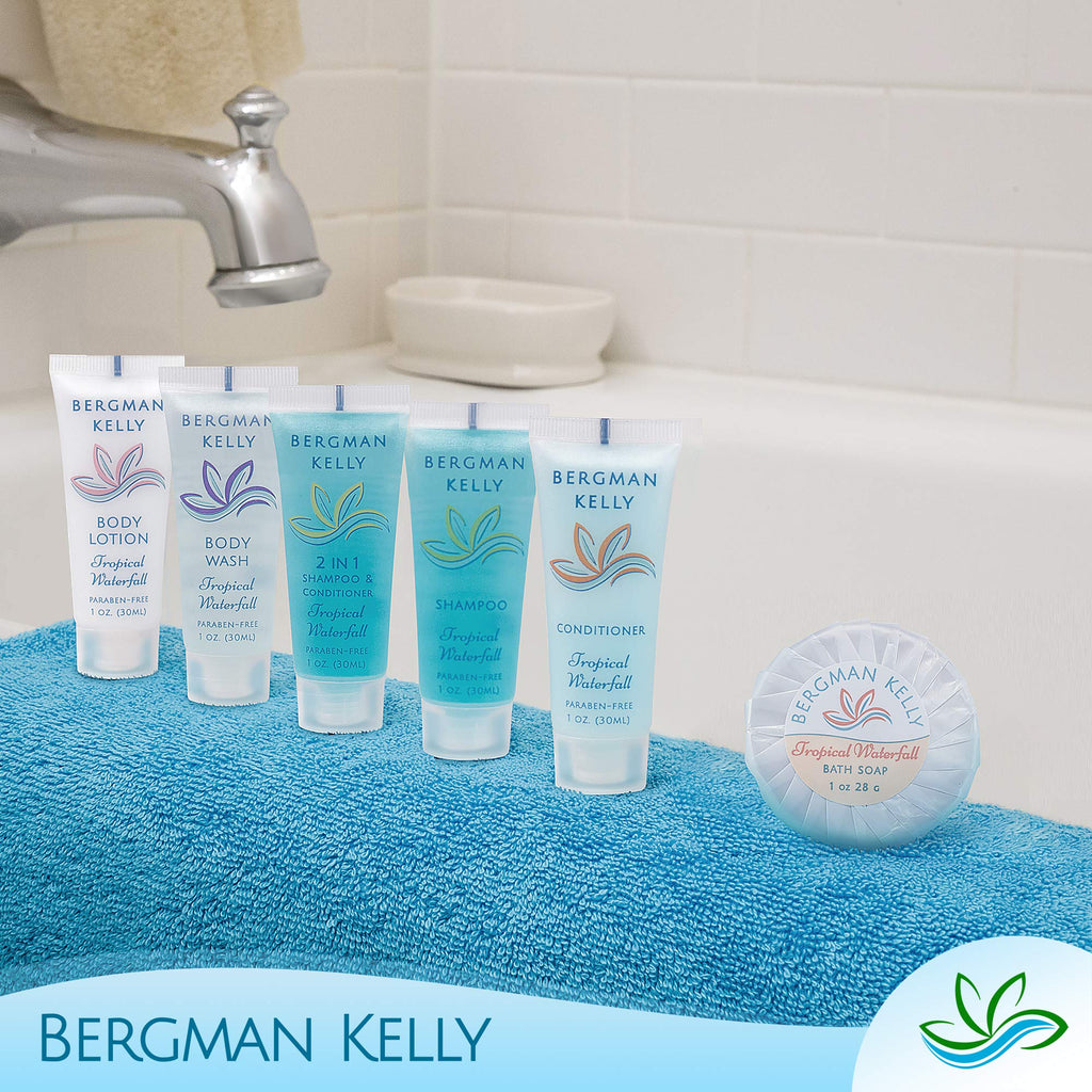 Bergman Kelly - Hotel Toiletries Bundle - Tropical Waterfall, 1 oz each, 200 Pieces - 4-Piece Set: 50 Rectangular Bar Soap, 50 Shampoo, 50 Conditioner & 50 Body Lotion - Bulk Mini Guest Amenities