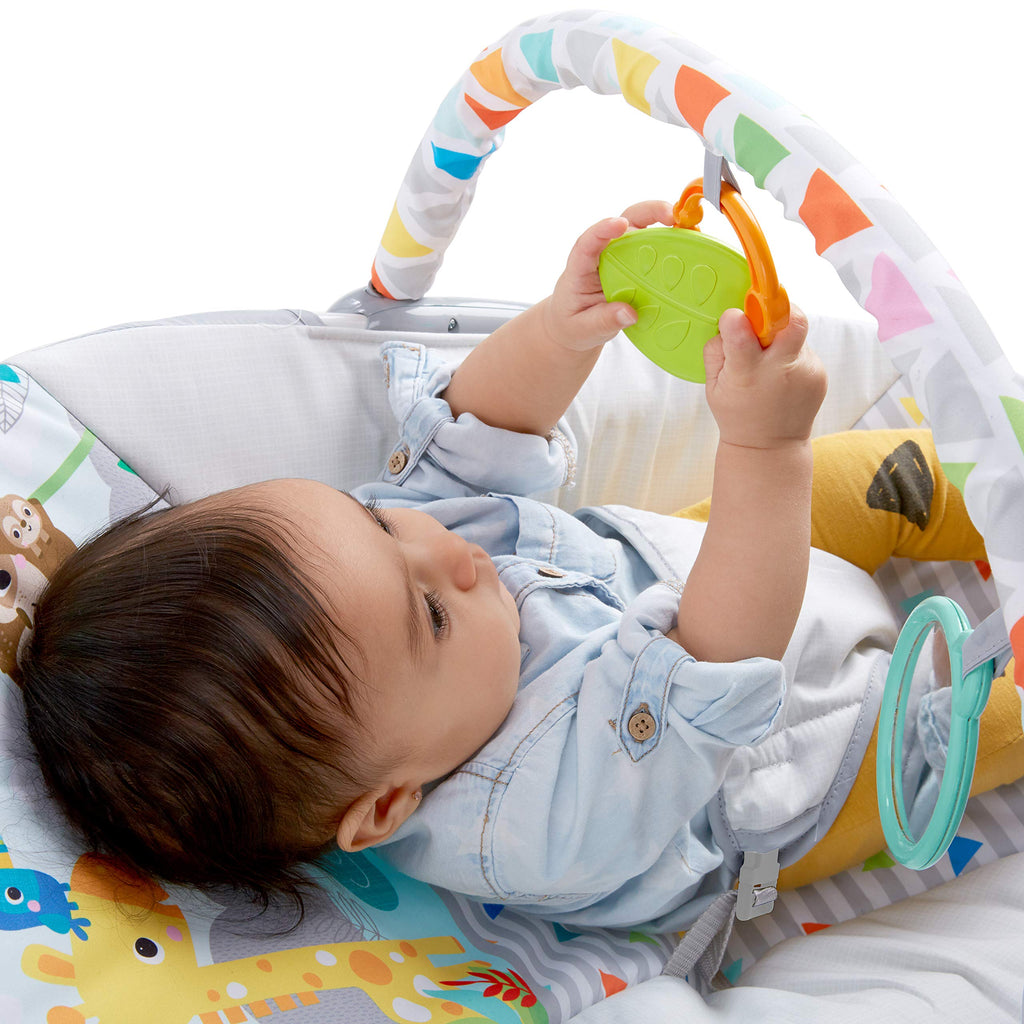 Bright Starts Baby Bouncer Soothing Vibrations Infant Seat - Removable -Toy Bar, Nonslip Feet, 0-6 Months Up to 20 lbs (Safari Fun)